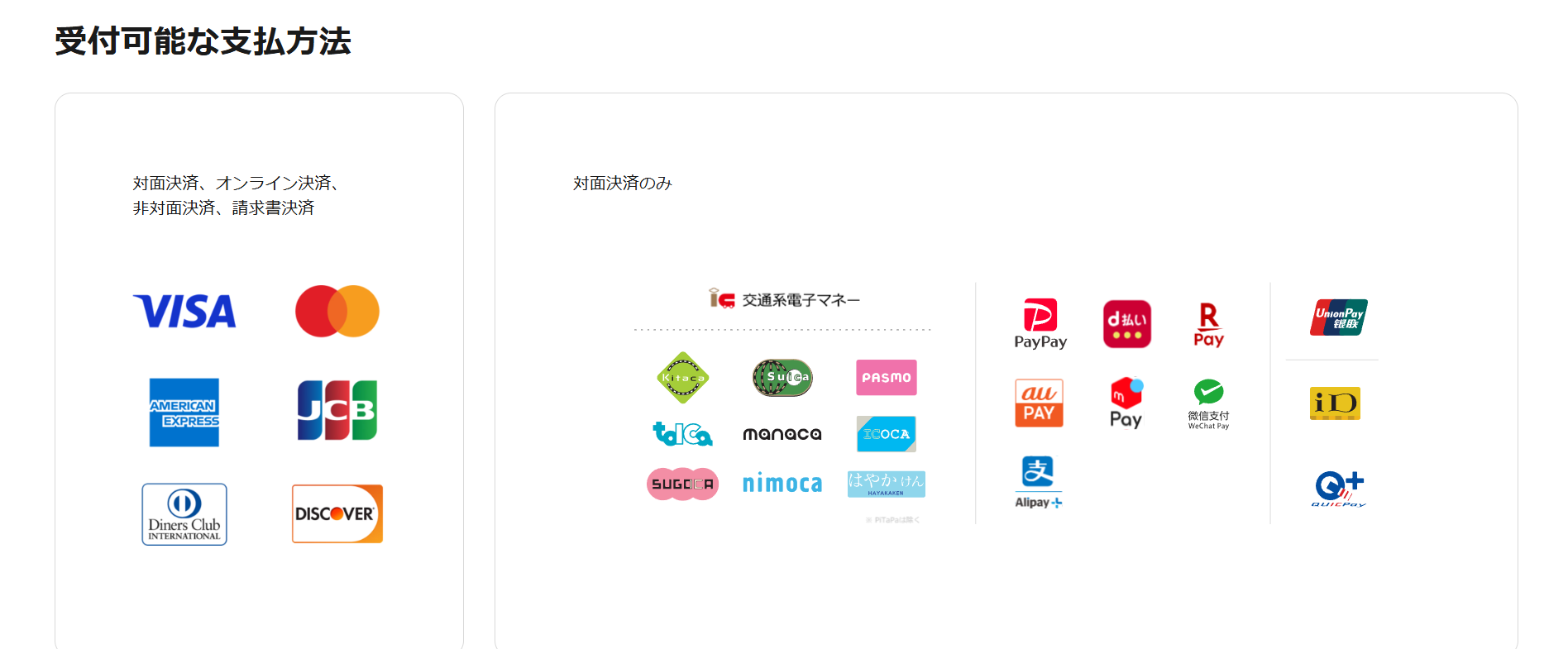 ご利用可能なキャッシュレス決済一覧（クレジットカード、電子マネー、QRコード決済）